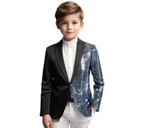 Costume de fête de bal pour enfants, couleur unie, tendance, à paillettes, coupe ajustée, manches longues, revers pour jeunes, manteau décontracté pour garçons, argenté, 12 ans