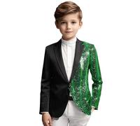 Costume de fête de bal pour enfants, couleur unie, tendance, à paillettes, coupe ajustée, manches longues, revers pour jeunes, manteau décontracté pour garçons, vert, 14 ans