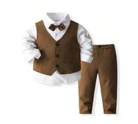 Costume de fête de style jeune garçon gentleman européen et américain, ensemble de 3 pièces avec gilet, chemise à manches longues et pantalon 4Y,5Y,12-18M,18-24M,2-3YUnicolorePolyester,Tissu tissé