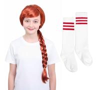 Costume de fille rebelle - Standard - Perruque tressée rouge et chaussettes rayées rouges et blanches - Ensemble d'accessoires de déguisement pour filles