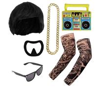 Costume de Final Boss d'Ibiza pour adultes avec perruque coupée au bol, fausses manches de tatouage, nuances de chaîne dorée, boom box gonflable et bouc adhésif - Déguisement amusant pour enterrement