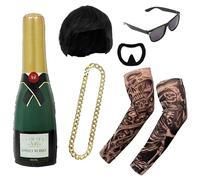 Costume de Final Boss Ibiza avec perruque coupée au bol, manches de tatouage, chaîne dorée, nuances, bouteille de champagne gonflable de 73 cm et bouc à coller - Déguisement amusant pour enterrement