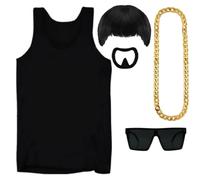 Costume de Final Boss Ibiza - Perruque coupe bol, gilet noir, chaîne dorée, chèvre et lunettes noires - Déguisement amusant pour festivals et fêtes d'Halloween - Taille M