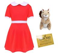 Costume de gagnant d'un billet d'or Spoilt pour enfant - Robe rouge avec col blanc, accessoire de ticket doré et peluche écureuil - Tenue d'usine de chocolat parfaite pour la journée mondiale du livre