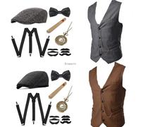 Costume de gangster pour hommes et ensemble d'accessoires, gilet steampunk, gilet Peaky Blinders, montre de poche, tenue de cosplay Gatsby des années 1920 grey set