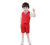 Costume de Garçon 3 Pièces/4 Pièces Ensemble de Costume Gilet+ Short + Cravate + (Chemise) Tenue Gentilhomme Costume pour Soirée Cérémonie Mariage,Rouge-4 pièces,7-8