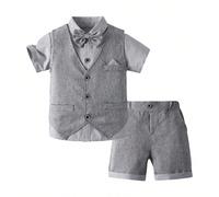 Costume de garçon pour la saison des mariages d'été, tenue de cérémonie grise en 3 pièces pour garçons : chemise à manches courtes + gilet avec nœud papillon + shorts. Ensemble de costume formel pour