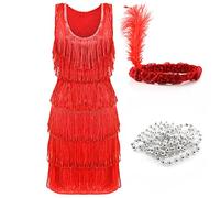 Costume de garçonneur de luxe pour femme - Robe rouge années 1920 avec franges sur le devant et le dos + coiffe à paillettes assortie - Déguisement Charleston des années 1920 - Taille L