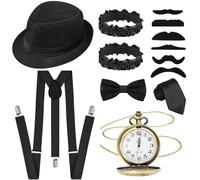Costume de Gatsby 13 pièces pour homme, kit d'accessoires des années 20 avec chapeau, bretelles, montre de poche, nœud papillon, barbe, poignets, cravate pour adultes et fêtes sur le thème d'Halloween