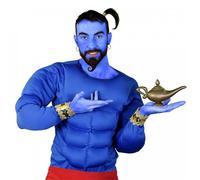 Costume de génie - Poitrine musculaire bleue XL pour homme, lampe dorée et peinture bleue - Parfait pour la journée mondiale du livre et les événements déguisés