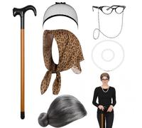 Costume de grand-mère pour femme, perruque grise pour adulte, ensemble de 8 pièces avec lunettes et chaîne, pour carnaval, Halloween et jeu de rôle