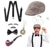 Costume de grand-père des années 20, 7 pièces Accessoires pour costume Sherlock Holmes avec chapeau, bretelles élastiques à dos en Y, nœud papillon, barbe, sourcils, lunettes Accessoires pour enfants