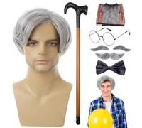Costume de grand-père, perruque et moustache pour grand-père - Ensemble perruque de cheveux synthétiques pour homme | Perruque avec lunettes pour sourcils moustache artificielle nœud papillon