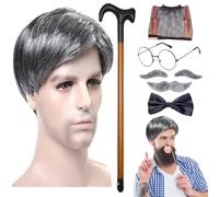Costume de grand-père pour homme, taille adulte, costume de grand-père | 8 pièces/lot de lunettes de canne, faux sourcils, moustache, nœud papillon - perruque de vieil homme, lunettes bâtons, faux