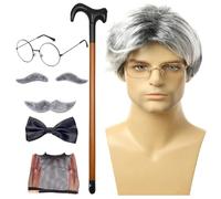 Costume de grand-père pour homme taille adulte,Costume de grand-père | Bonnet de perruque avec lunettes en canne, Faux sourcils, moustache, nœud papillon, 8 pièces/ensemble,Lunettes de canne, faux sou