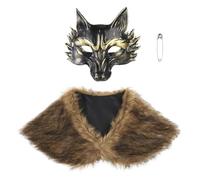 Costume de Guerrier Barbare Nordique Médiéval Châle en Fausse Fourrure Viking avec Masque d'Ours/Loup Réaliste Col d'Épaule Chaud Hiver Cape Halloween Masque Animal pour Cosplay LARP Déguisement