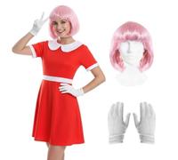 Costume de hérisson rose pour femme - Ensemble de déguisement 3 pièces avec robe rouge, perruque de personnage et gants blancs - Tenue amusante de style hérisson de dessin animé pour Halloween