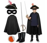 Costume de héros bandit chat pour enfants - Tenue d'aventurier félin avec cape noire, chapeau à plumes, masque, couvre-bottes et épée - Journée mondiale du livre, Halloween - Déguisement pour enfant