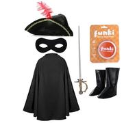 Costume de héros bandit chat pour enfants - Tenue d'aventurier félin comprenant une cape noire, un chapeau à plumes, un masque, des couvre-bottes et une épée en plastique - Journée mondiale du livre