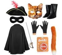 Costume de héros bandit chat pour enfants - Tenue d'aventurier félin comprenant une cape noire, un chapeau à plumes, un masque de carte, des couvre-bottes, une épée et une queue - Journée mondiale du