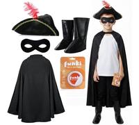Costume de héros bandit chat pour enfants - Tenue d'aventurier félin comprenant une cape noire, un chapeau à plumes, un masque, des couvre-bottes et une épée en plastique - Journée mondiale du livre