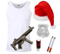 Costume de héros d'action pour adultes - Gilet blanc, chapeau de Père Noël, badge de police, mitrailleuse gonflable, fausses cigarettes et faux sang - Déguisement de téléfilm des années 80 et 90 pour