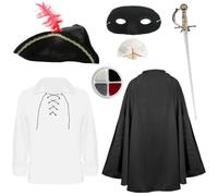 Costume de Highwayman pour rongeur - Grande - Cape noire, chemise blanche à lacets, nez de rat, chapeau tricorn, masque pour les yeux, épée et maquillage pour le visage - Déguisement pour enfants pour