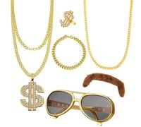 Costume de hip-hop des années 80 et 90, ensemble de costume hippie doré avec 2 colliers chaînes, 1 bracelet, 1 bague, 1 lunettes de soleil, 1 moustache, accessoires de costume de rappeur pour carnaval