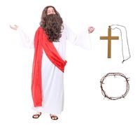 Costume de Jésus-Christ - XL - Robe blanche avec écharpe rouge avec perruque et barbe, croix dorée et couronne d'épines - Déguisement amusant pour homme