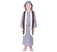 Costume de Joseph pour enfant - Tunique longue rayée avec robe bleue attachée et coiffe assortie - Costume de crèche de Noël pour enfants - Costume de crèche de Noël pour enfants pour les pièces
