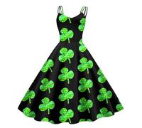 Costume de jour de la Saint-Patrick pour femme - Robe sans manches à col rond - Robe de cocktail - Imprimé trèfle - Robe de fête avec nœud - Élégante robe de soirée rétro pour la Saint Patrick,