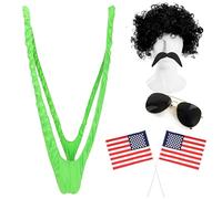 Costume de journaliste amusant pour homme - Mankini vert citron, perruque noire bou moustache noire, lunettes de soleil, drapeaux américains agitant la main - Maillot de bain amusant pour adultes