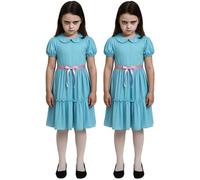 Costume de jumeaux hantés pour filles - Taille XL + XL - 2 robes bleues avec manches bouffantes et ceinture en ruban rose - Déguisement d'Halloween pour filles