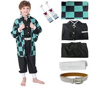 Costume de kimono Tanjiro pour enfants, ensemble de déguisement de cosplay, cape, uniforme pour Halloween, vestes, manteau d'anime pour garçons et filles (vert, taille 140)