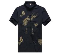 Costume de Kung Fu en Coton for Hommes, Uniforme WU Shu brodé, vêtements Tai Chi à Manches Courtes ML XL XXL XXXL pour Tai Chi, Arts Martiaux(Dark Blue Top,XXL)