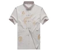 Costume de Kung Fu en Coton for Hommes, Uniforme WU Shu brodé, vêtements Tai Chi à Manches Courtes ML XL XXL XXXL pour Tai Chi, Arts Martiaux(Grey Top,L)