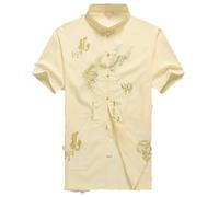 Costume de Kung Fu en Coton for Hommes, Uniforme WU Shu brodé, vêtements Tai Chi à Manches Courtes ML XL XXL XXXL pour Tai Chi, Arts Martiaux(Beige Top,XXL)