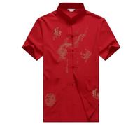 Costume de Kung Fu en Coton for Hommes, Uniforme WU Shu brodé, vêtements Tai Chi à Manches Courtes ML XL XXL XXXL pour Tai Chi, Arts Martiaux(Red,XL)
