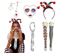 Costume de la Reine de C ur : Accessoires complets, bandeau avec chapeau de clown, chaussettes hautes, boucles d'oreilles carte à jouer, tatouage facial, cravate magique parfait pour les fêtes