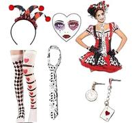Costume de la Reine de Cœur : Accessoires complets, bandeau avec chapeau de clown, chaussettes hautes, boucles d'oreilles carte à jouer, tatouage facial, cravate magique - parfait pour les fêtes