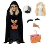 Costume de la reine maléfique Hag - Costume de vieille sorcière avec cape noire à capuche, perruque blonde, nez prothétique, sourcils adhésifs touffus, peinture pour le visage et panier de pommes