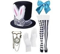 Costume de lapin blanc - Costume de chapelier fou - Chapeau haut-de-forme - Queue - Nœud papillon - Gants - Épingle de lapin - Accessoires de déguisement de Pâques et d'Halloween (5 pièces,