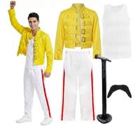 Costume de légende rock emblématique des années 80 pour homme - Veste à boucle, gilet blanc, pantalon, moustache + microphone gonflable - Tenue 5 pièces pour fête à thème années 80 et Halloween