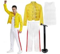 Costume de légende rock emblématique des années 80 pour homme - Veste à boucle, gilet blanc, pantalon rayé + microphone gonflable - Tenue 4 pièces pour fête à thème années 80, Halloween et fêtes