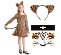 Costume de Léopard pour Enfants, Costume Chat Léopard Carnaval avec Bandeau à Imprimé Léopard et Autocollants pour le Visage à Imprimé Léopard, Déguisement Léopard des Neiges Animal pour Carnaval