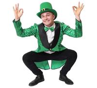Costume de Leprechaun de la Saint-Patrick - Déguisement irlandais - Queue de morue à paillettes, nœud papillon à paillettes vert et chapeau haut-de-forme vert