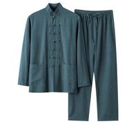 Costume de loisirs vintage pour homme Kung Fu Tai Chi Classique Tangzhuang Couleur unie Traditionnel Arts martiaux chinois Uniforme Long T-shirt et pantalon 2 pièces Respirant Survêtement, O Vert