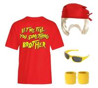 Costume de lutteur des années 80 pour adultes - Bandana rouge, perruque blonde, t-shirt rouge avec imprimé slogan, moustache blonde, lunettes et bandeaux - Tenue de lutte rétro pour fêtes et Halloween