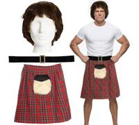 Costume de lutteur écossais classique des années 80 - Tenue professionnelle Hot Rod Legend - Comprend une perruque marron, un kilt à carreaux rouges avec sporran et une ceinture à boucle - Costume de