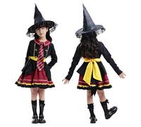 Costume de magicien 4 pièces avec robe Lolita, chapeau de sorcière, cravate et ceinture, costume de carnaval pour filles et femmes, robe Lolita pour Halloween, carnaval, cosplay (fille, 140 cm)